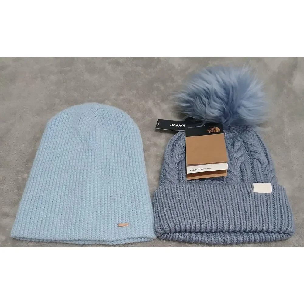 North face free People womens blue beanie knit cable hat lot of 2